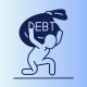 Graphic of a person being pushed down by a large bag of "debt"
